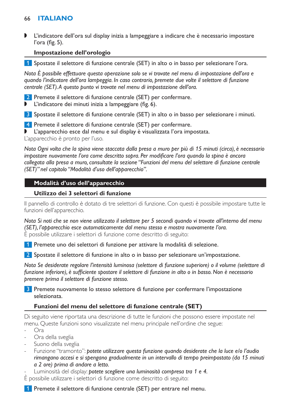 Impostazione dell’orologio, Modalità d’uso dell’apparecchio, Utilizzo dei 3 selettori di funzione | Philips Éveil Lumière User Manual | Page 66 / 108