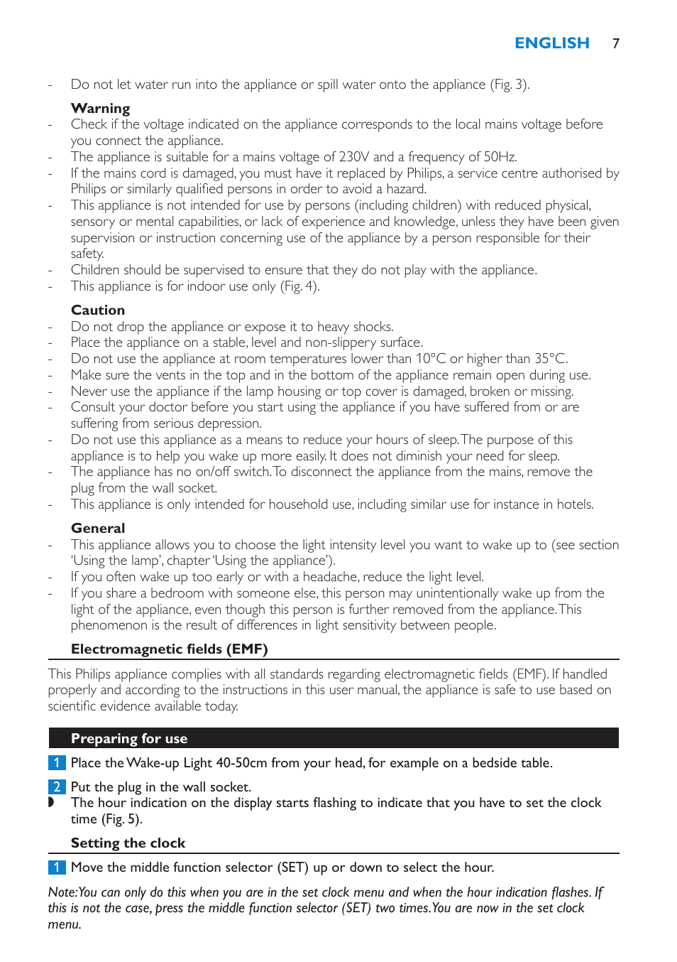 Warning, Caution, General | Electromagnetic fields (emf), Preparing for use, Setting the clock | Philips Éveil Lumière User Manual | Page 7 / 108