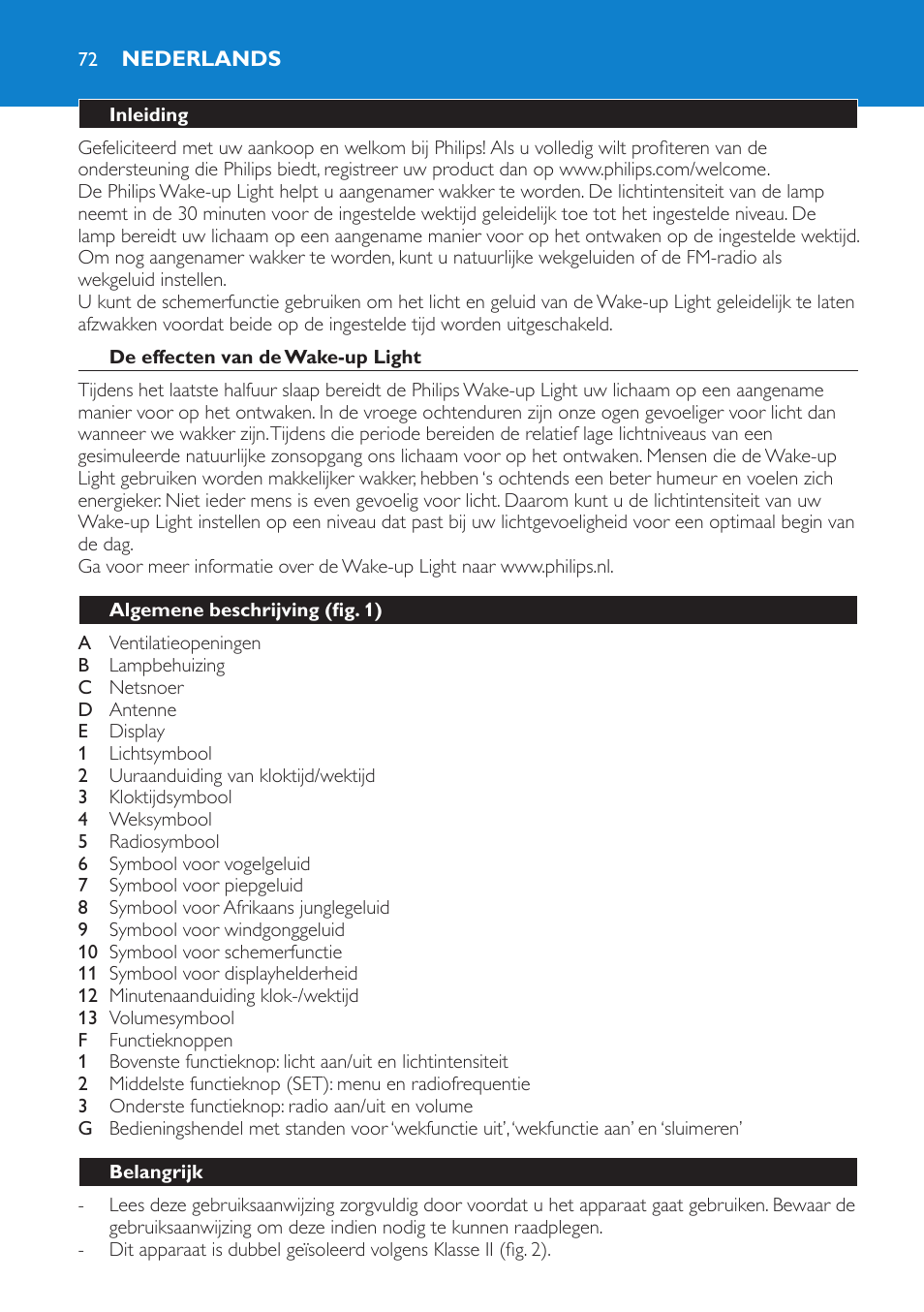 Nederlands, Inleiding, De effecten van de wake-up light | Algemene beschrijving (fig. 1), Belangrijk | Philips Éveil Lumière User Manual | Page 72 / 108