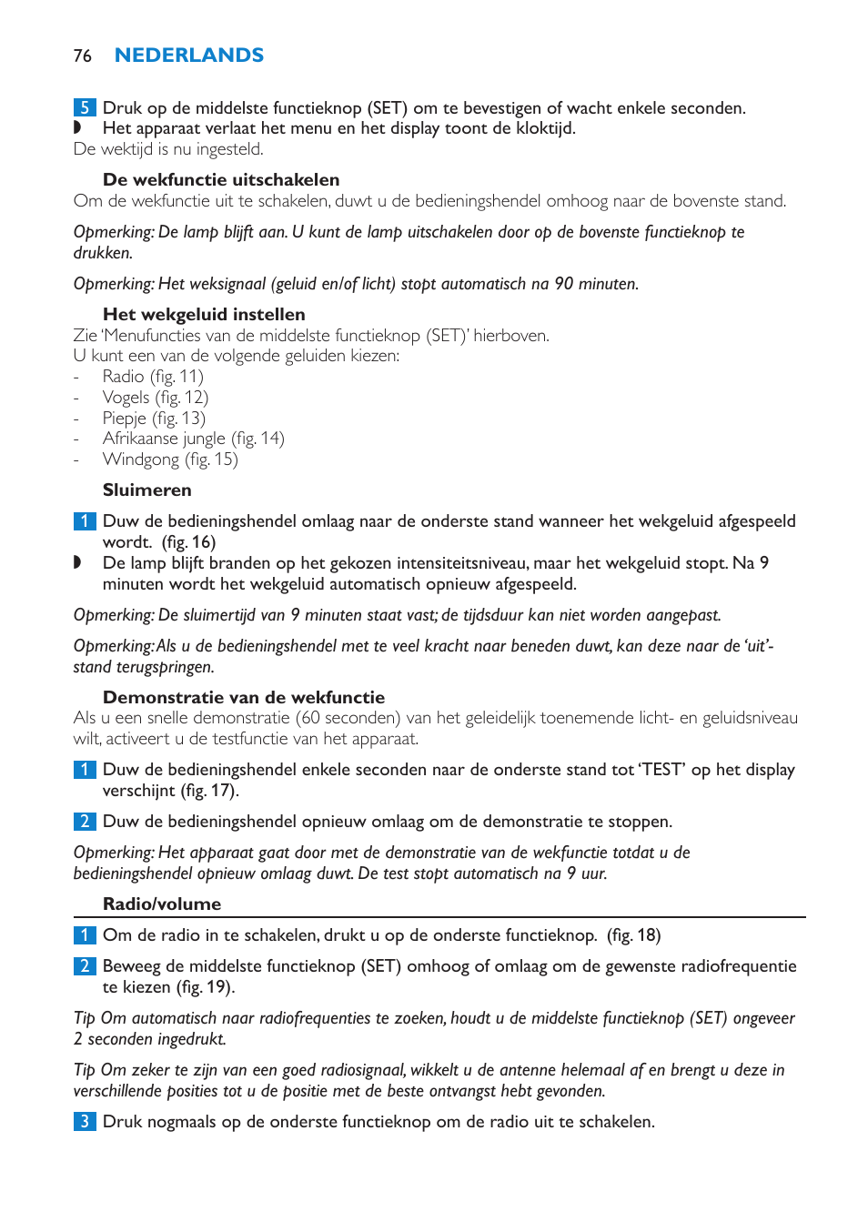 De wekfunctie uitschakelen, Het wekgeluid instellen, Sluimeren | Demonstratie van de wekfunctie, Radio/volume | Philips Éveil Lumière User Manual | Page 76 / 108