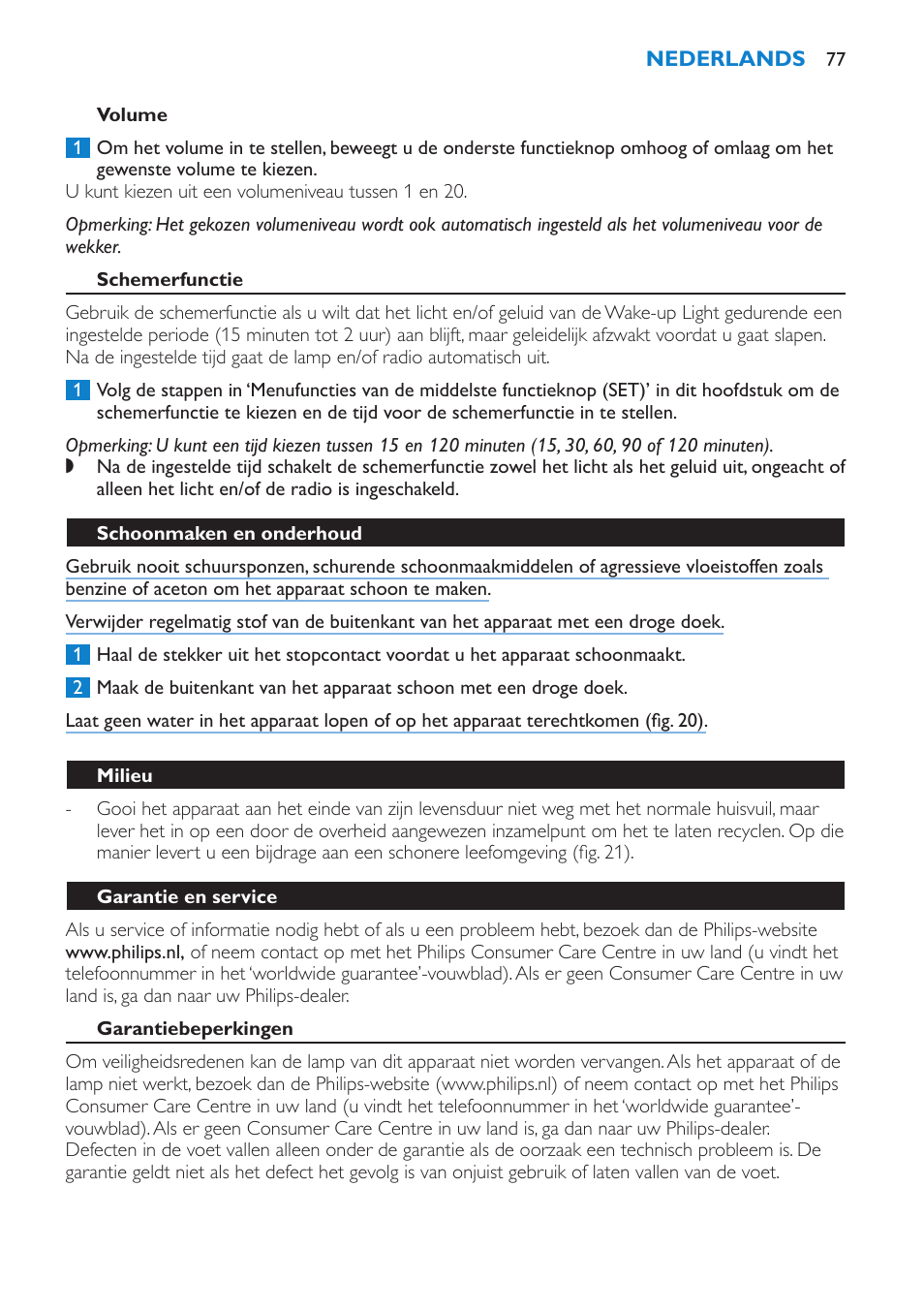 Volume, Schemerfunctie, Schoonmaken en onderhoud | Milieu, Garantie en service, Garantiebeperkingen | Philips Éveil Lumière User Manual | Page 77 / 108