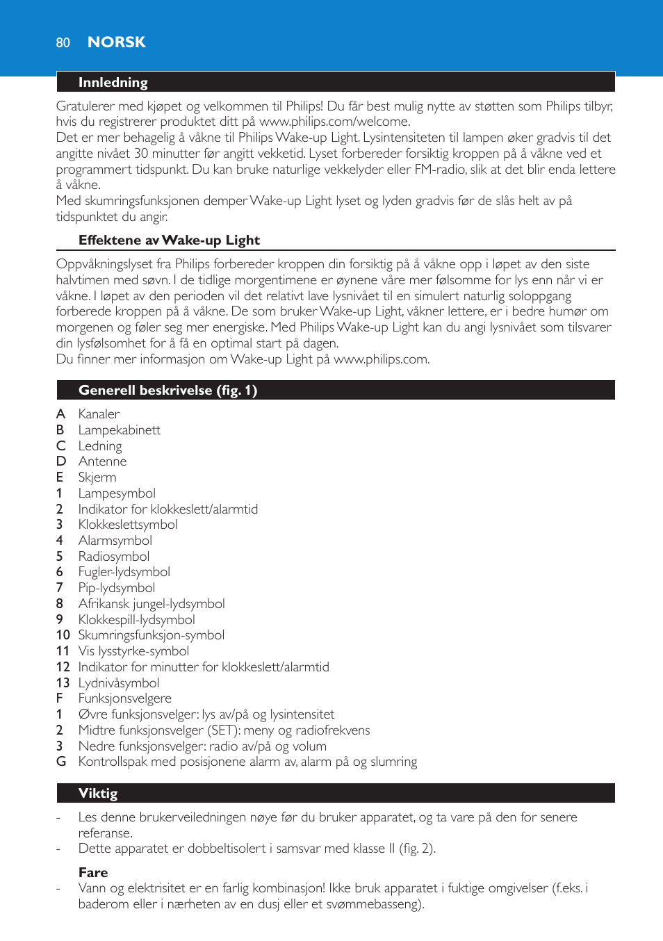 Norsk, Innledning, Effektene av wake-up light | Fare, Generell beskrivelse (fig. 1), Viktig | Philips Éveil Lumière User Manual | Page 80 / 108