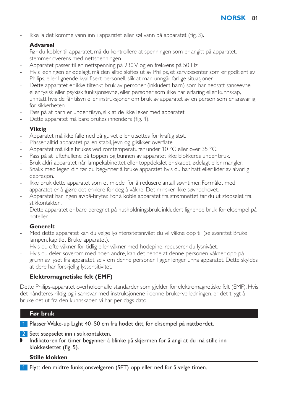 Advarsel, Viktig, Generelt | Elektromagnetiske felt (emf), Før bruk, Stille klokken | Philips Éveil Lumière User Manual | Page 81 / 108