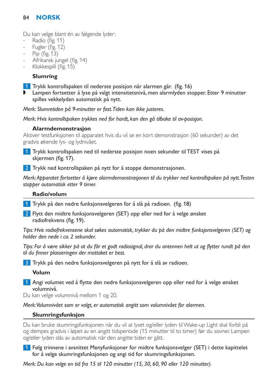 Slumring, Alarmdemonstrasjon, Radio/volum | Volum, Skumringsfunksjon | Philips Éveil Lumière User Manual | Page 84 / 108