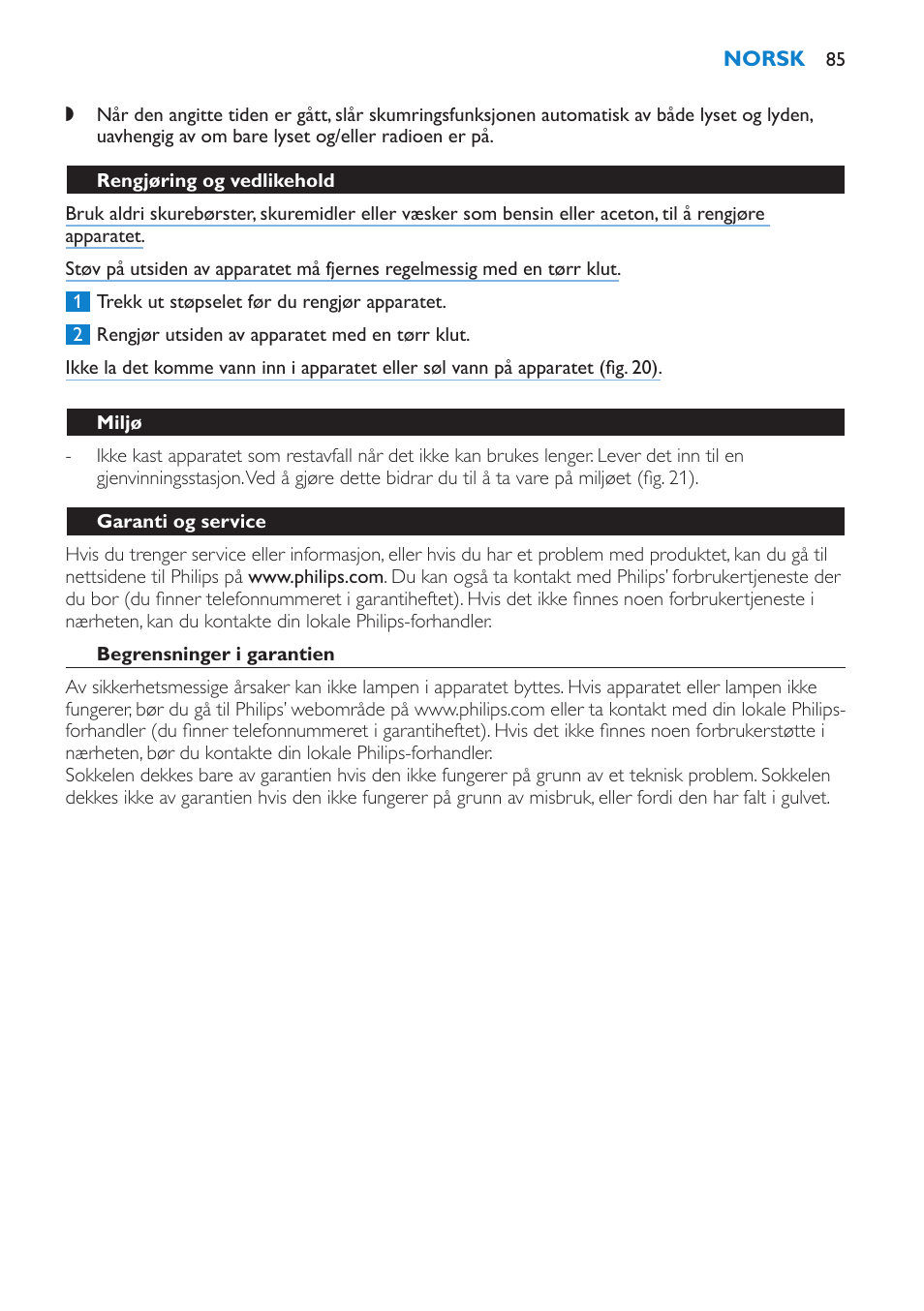 Rengjøring og vedlikehold, Miljø, Garanti og service | Begrensninger i garantien, Feilsøking | Philips Éveil Lumière User Manual | Page 85 / 108