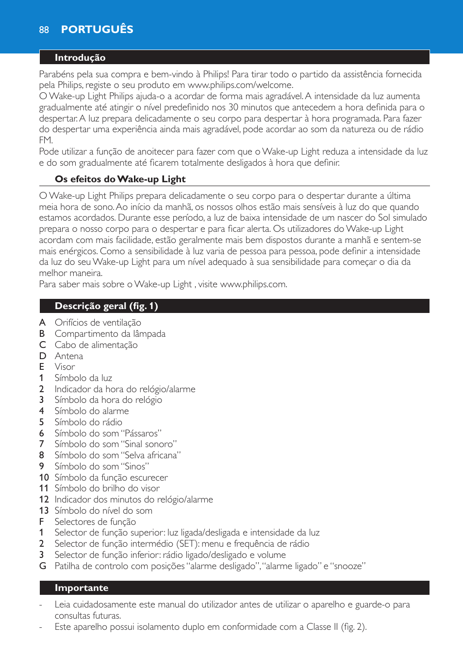 Português, Introdução, Os efeitos do wake-up light | Descrição geral (fig. 1), Importante | Philips Éveil Lumière User Manual | Page 88 / 108