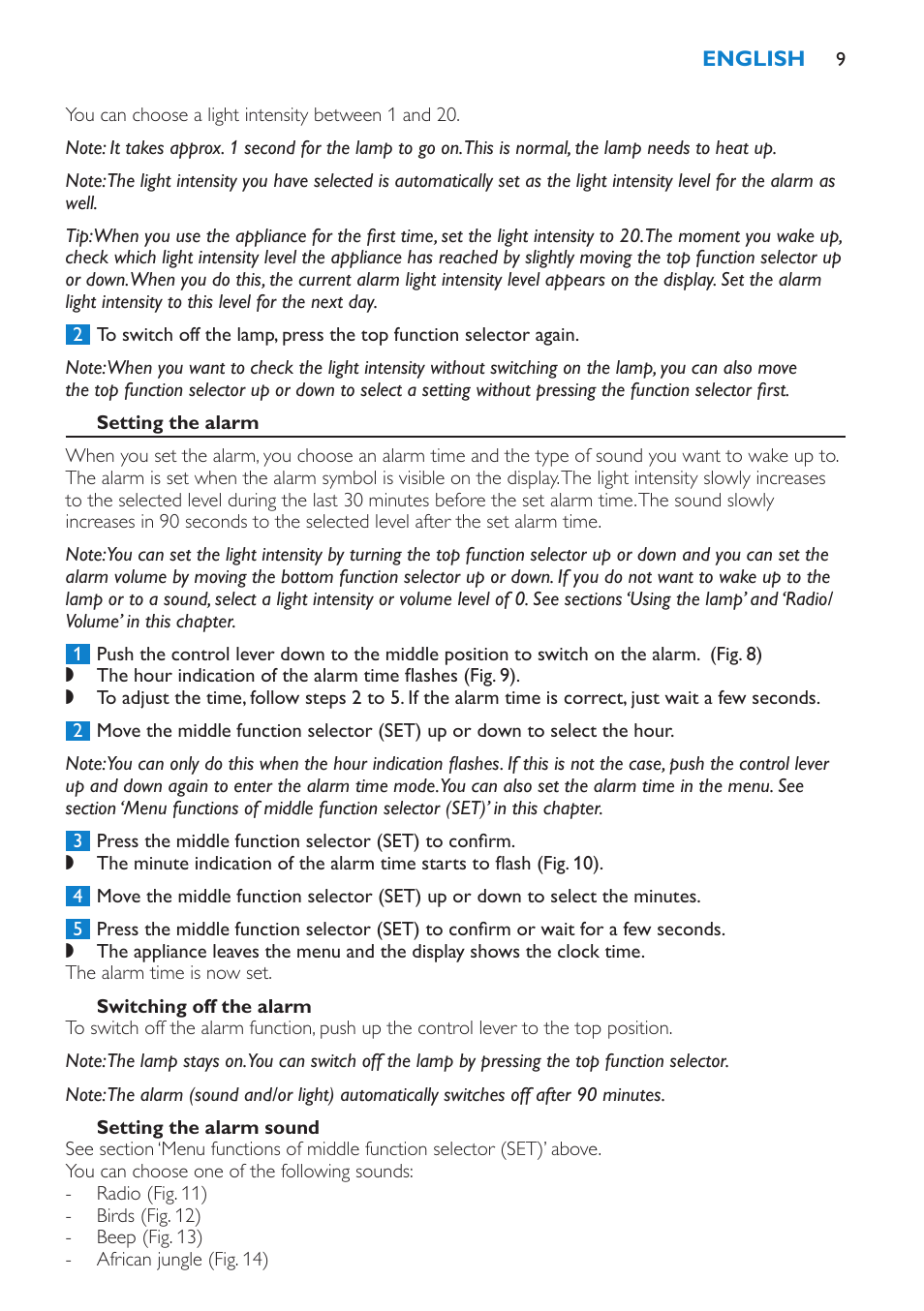 Setting the alarm, Switching off the alarm, Setting the alarm sound | Philips Éveil Lumière User Manual | Page 9 / 108