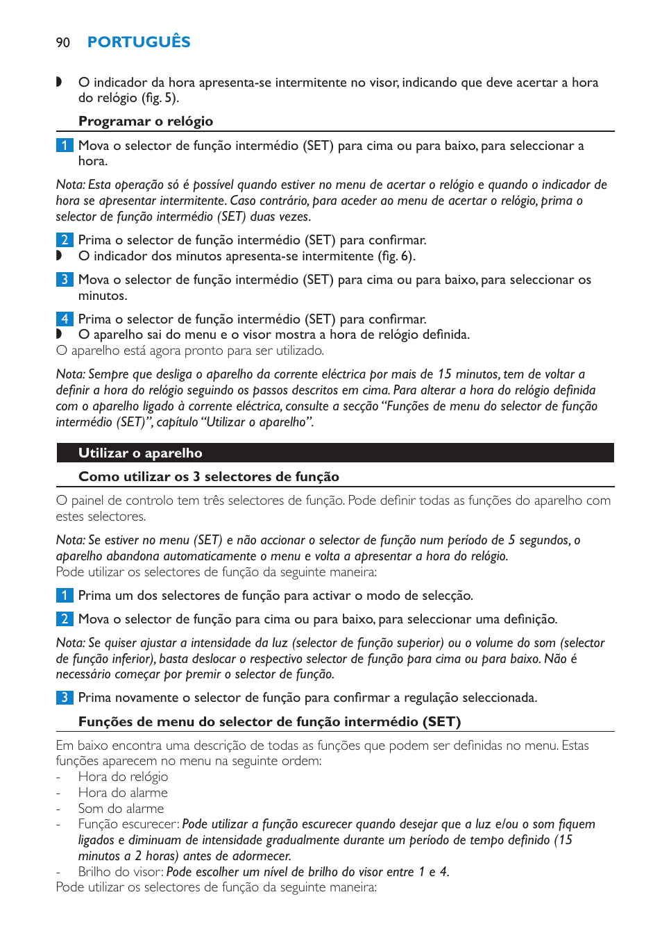 Programar o relógio, Utilizar o aparelho, Como utilizar os 3 selectores de função | Philips Éveil Lumière User Manual | Page 90 / 108