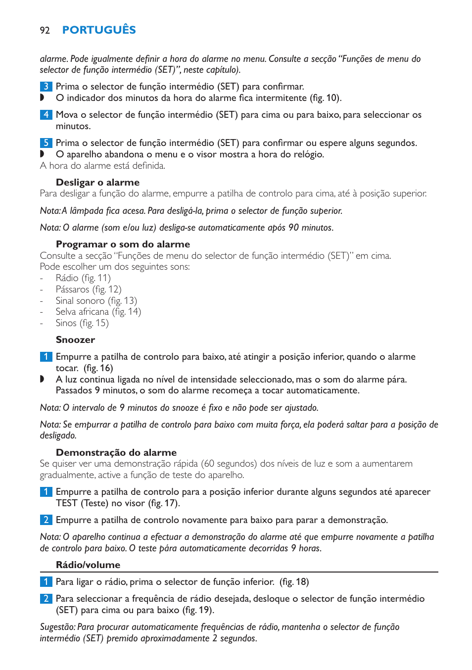 Desligar o alarme, Programar o som do alarme, Snoozer | Demonstração do alarme, Rádio/volume | Philips Éveil Lumière User Manual | Page 92 / 108