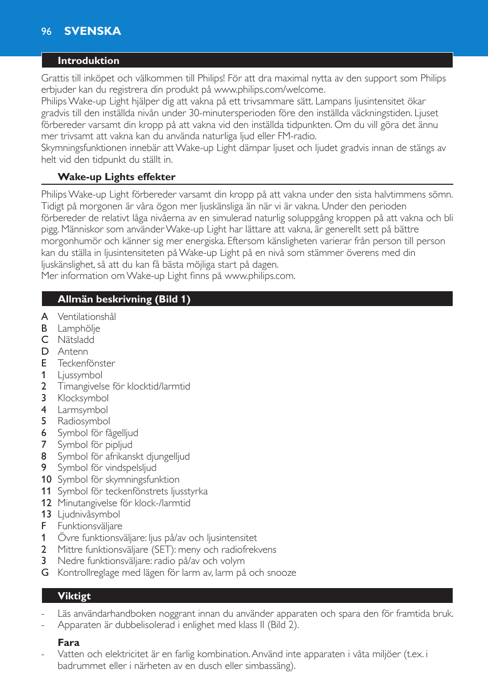 Svenska, Introduktion, Wake-up lights effekter | Fara, Allmän beskrivning (bild 1), Viktigt | Philips Éveil Lumière User Manual | Page 96 / 108