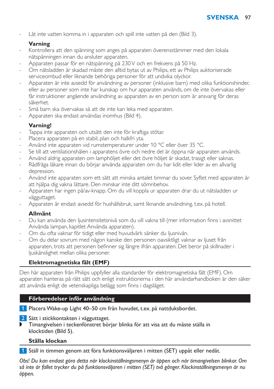 Varning, Allmänt, Elektromagnetiska fält (emf) | Förberedelser inför användning, Ställa klockan | Philips Éveil Lumière User Manual | Page 97 / 108