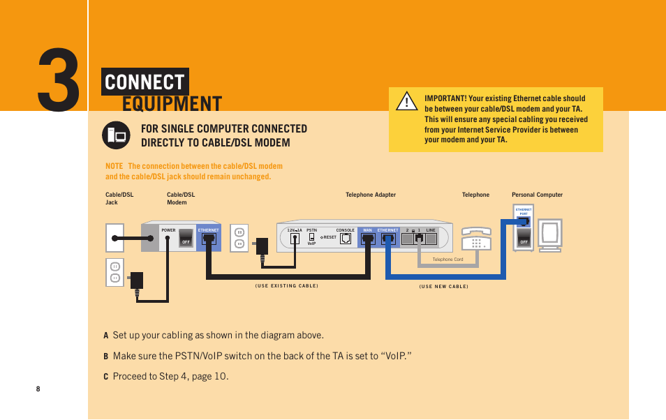 Connect equipment, Set up your cabling as shown in the diagram above, Proceed to step 4, page 10 | AT&T Telephone Adapter User Manual | Page 10 / 32