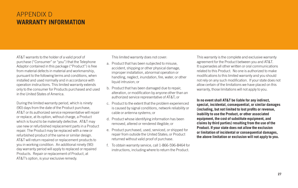 Appendix d warranty information | AT&T Telephone Adapter User Manual | Page 29 / 32