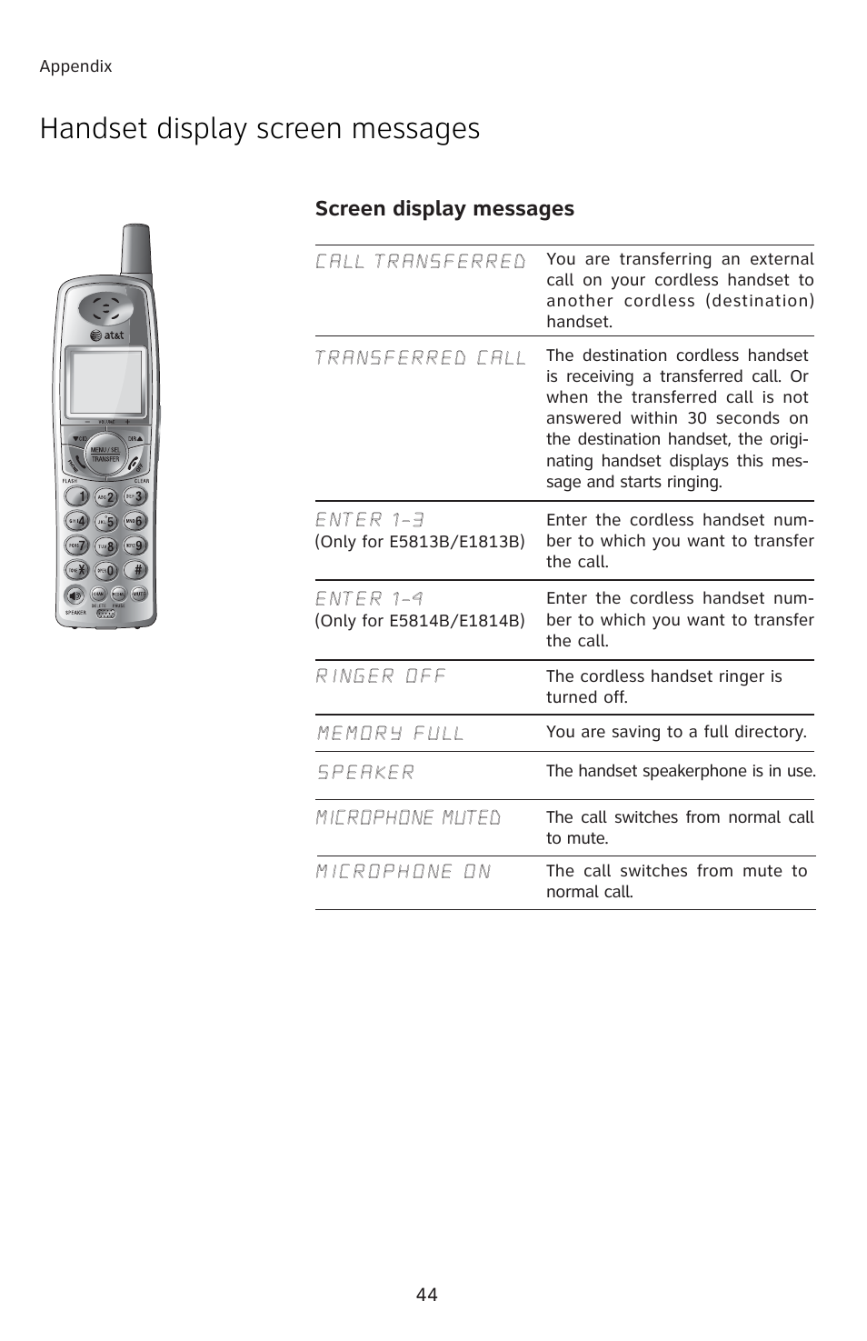 Handset display screen messages, Screen display messages | AT&T E5813B User Manual | Page 47 / 65