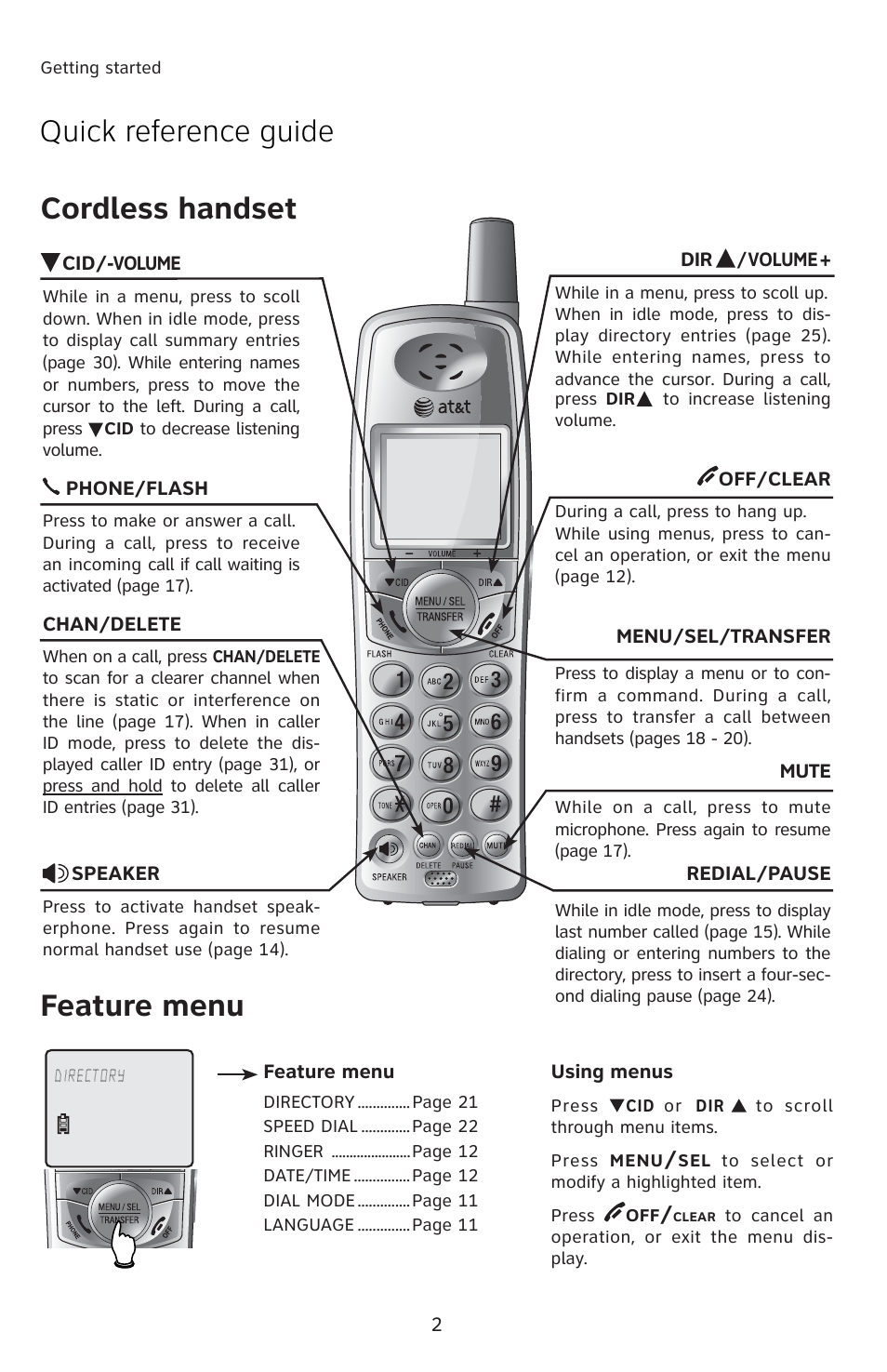 Quick reference guide cordless handset, Feature menu | AT&T E5813B User Manual | Page 5 / 65