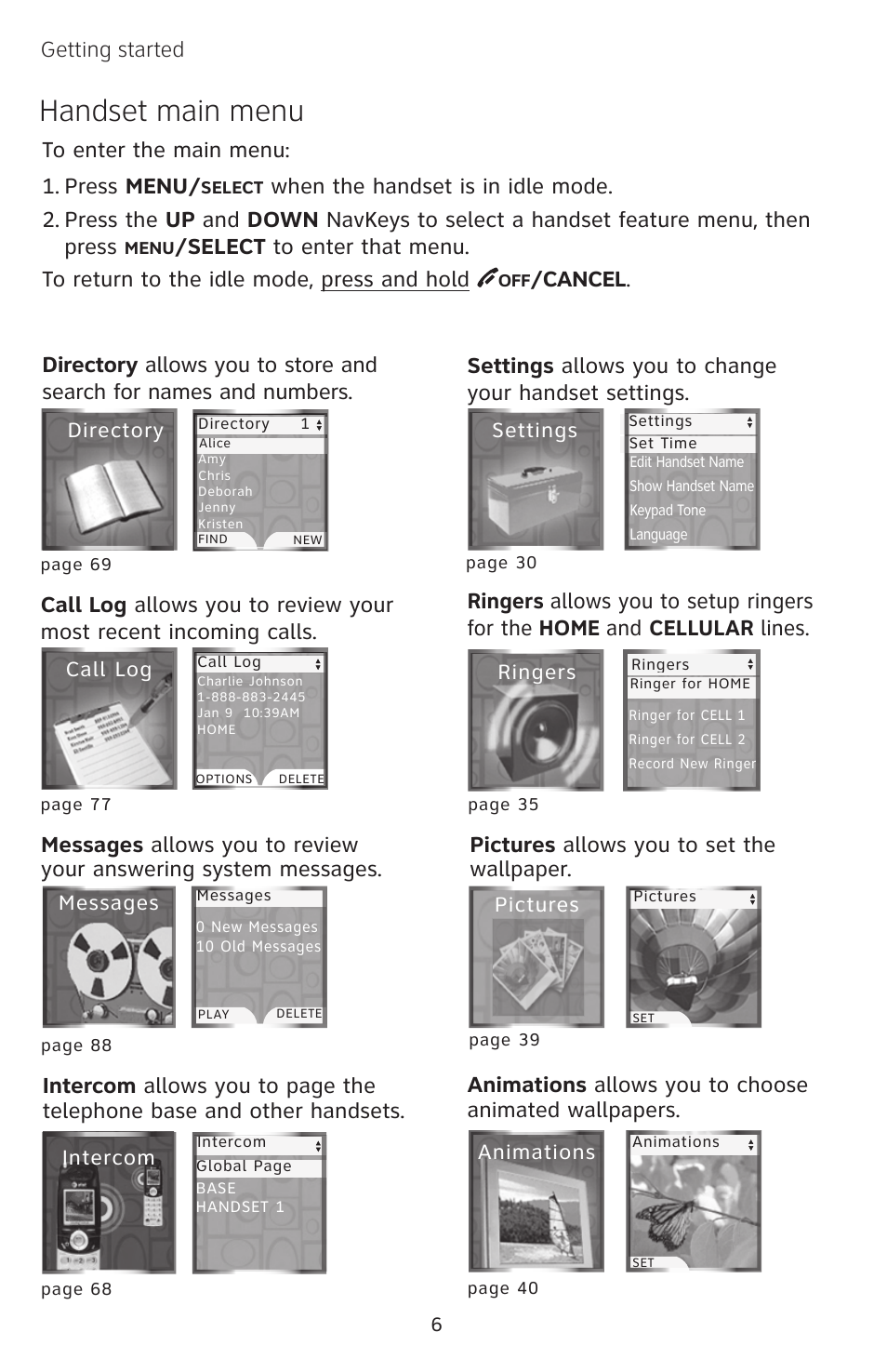 Handset main menu, Getting started, Cancel | AT&T EP5632 User Manual | Page 10 / 119