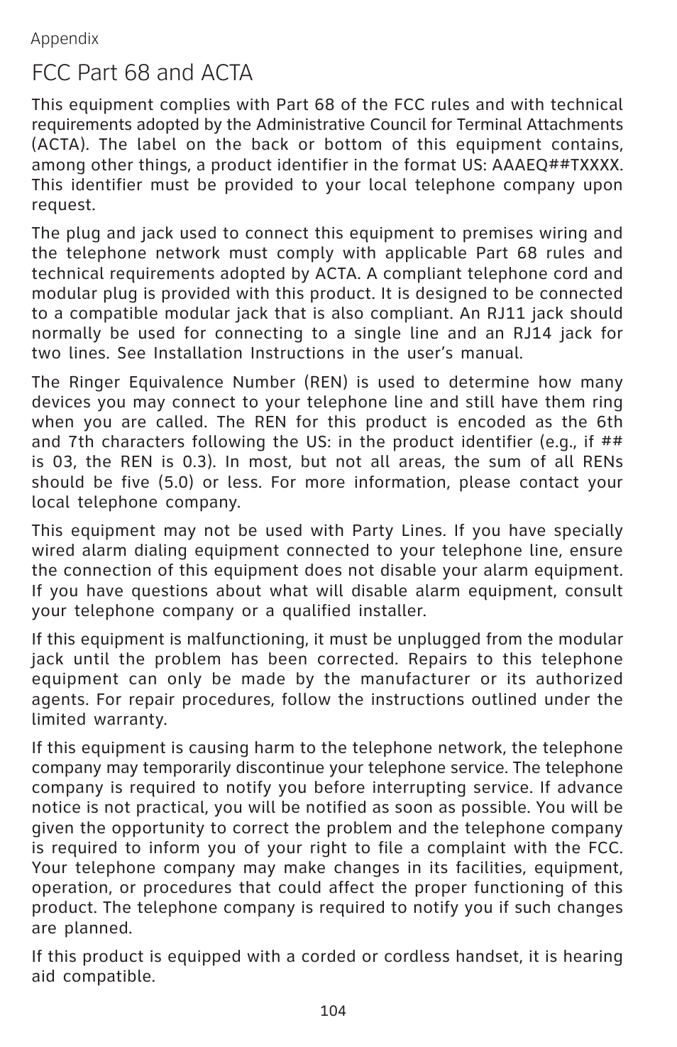 Fcc part 68 and acta | AT&T EP5632 User Manual | Page 108 / 119