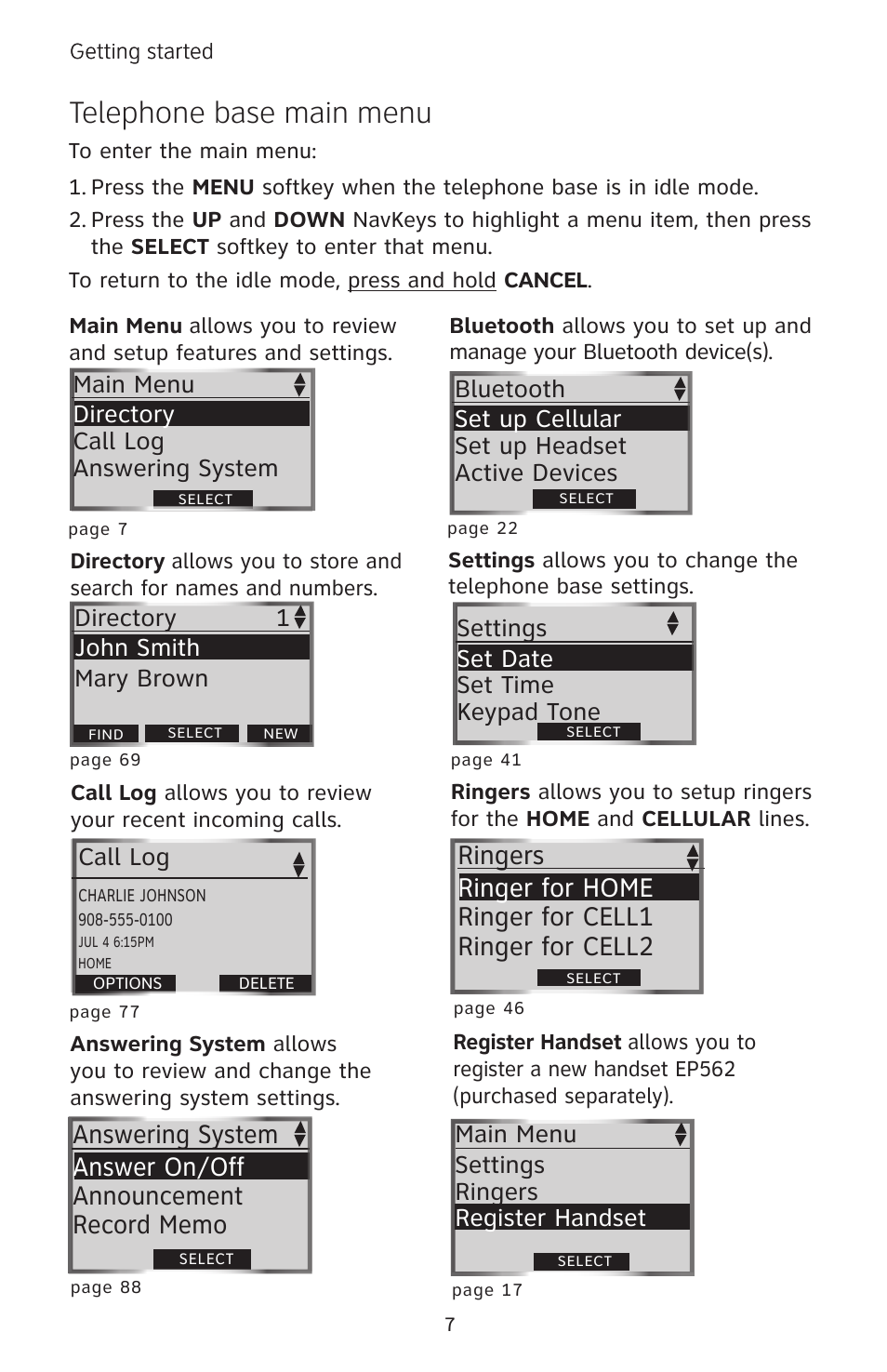Telephone base main menu, Ringers ringer for home, Ringer for cell1 | Ringer for cell2, Main menu directory, Call log, Answering system, Bluetooth set up cellular, Set up headset, Active devices | AT&T EP5632 User Manual | Page 11 / 119