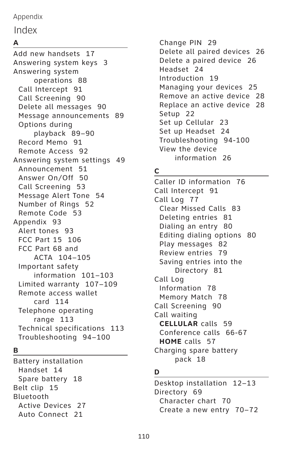 Index | AT&T EP5632 User Manual | Page 114 / 119