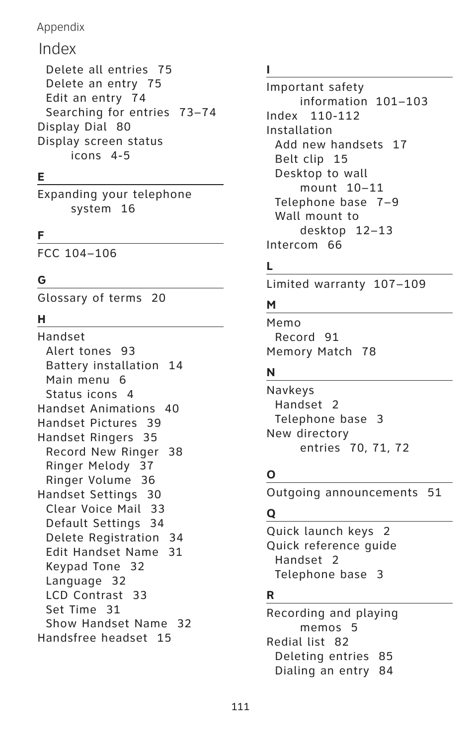 Index | AT&T EP5632 User Manual | Page 115 / 119