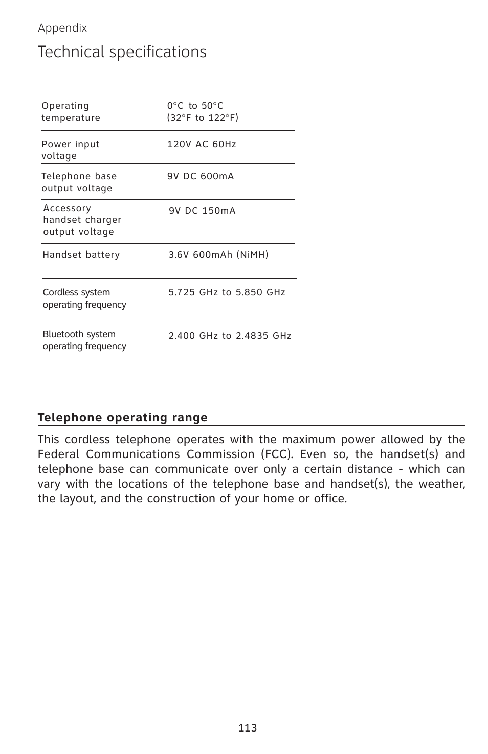 Technical specifications | AT&T EP5632 User Manual | Page 117 / 119