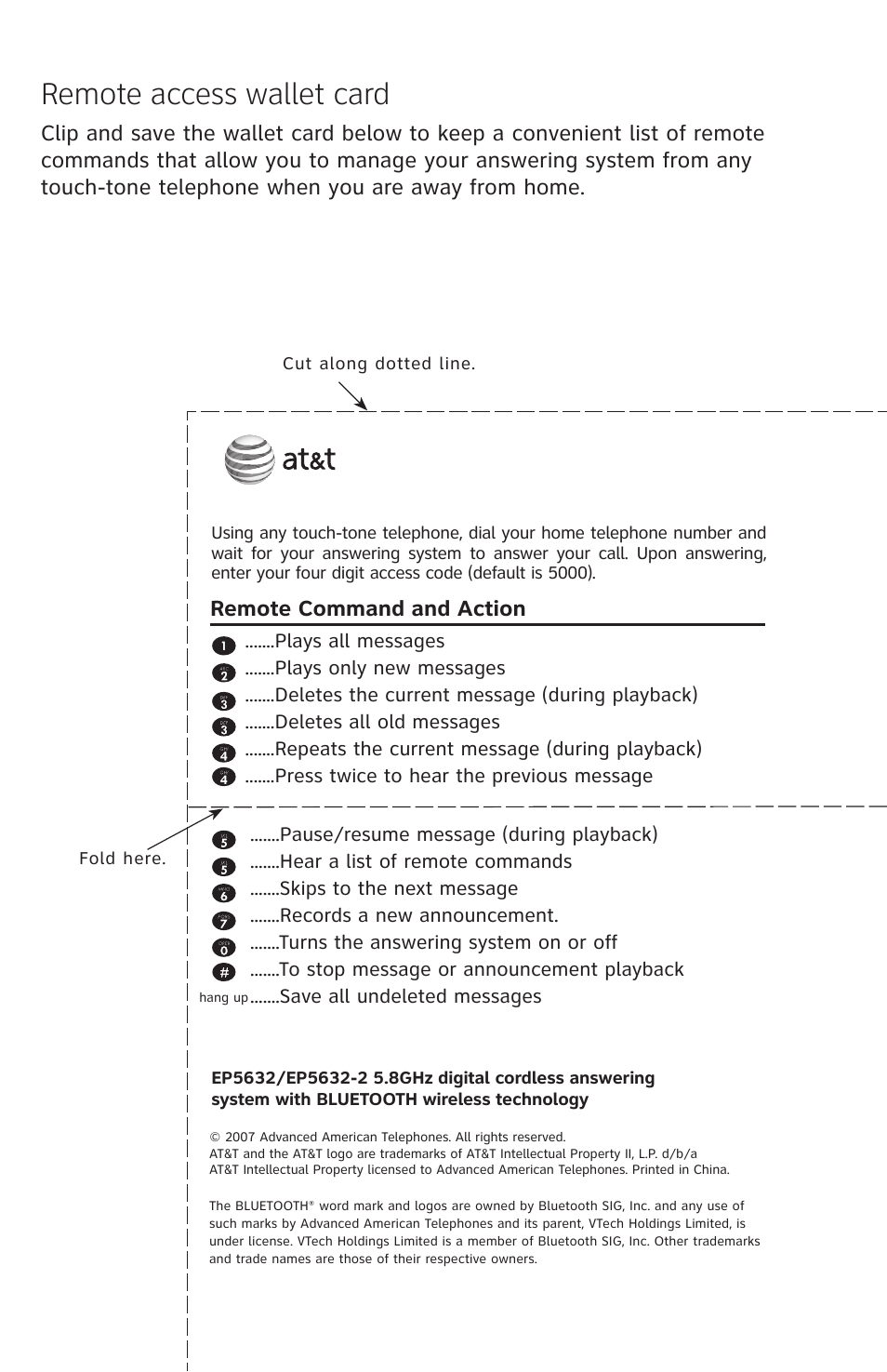 Remote access wallet card, Remote command and action | AT&T EP5632 User Manual | Page 118 / 119
