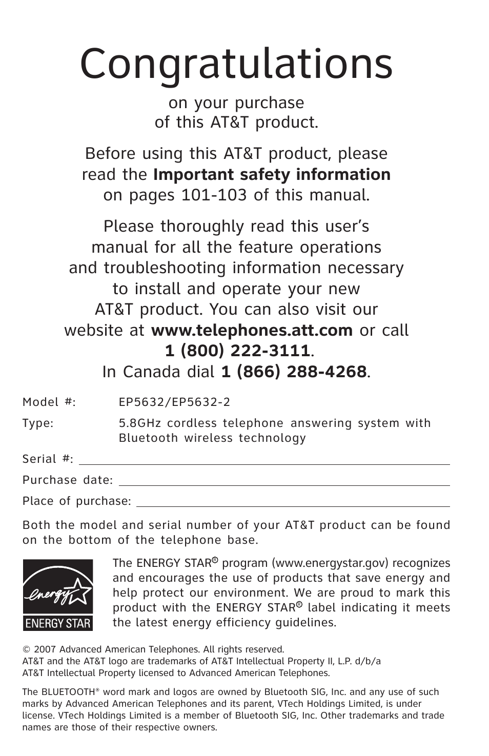 AT&T EP5632 User Manual | Page 2 / 119