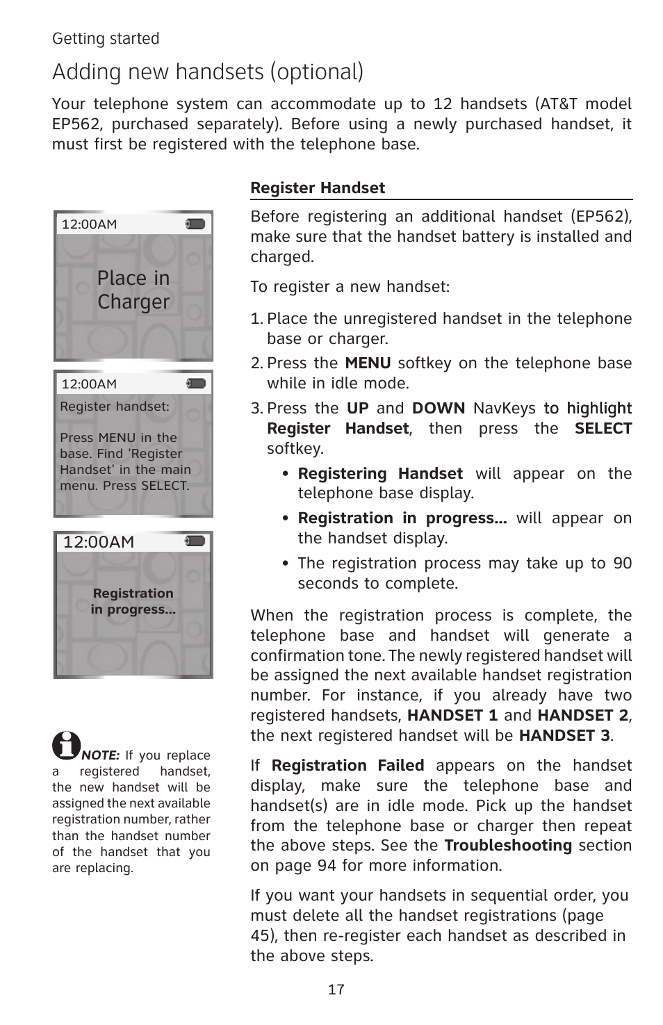 Adding new handsets (optional), Place in charger | AT&T EP5632 User Manual | Page 21 / 119