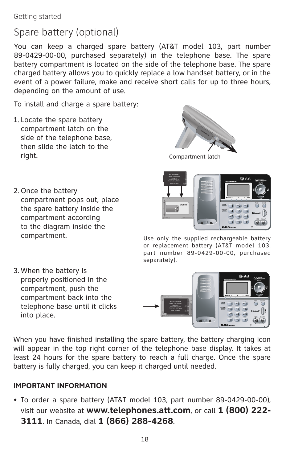 Spare battery (optional), Getting started, Or call | Compartment latch | AT&T EP5632 User Manual | Page 22 / 119