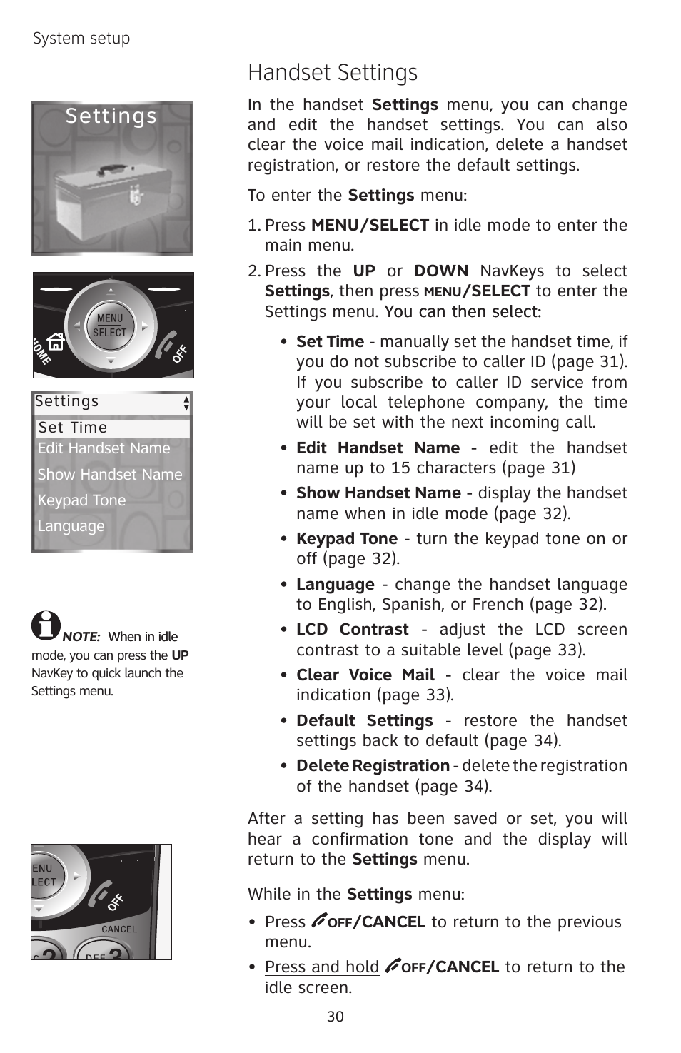 Handset settings, Settings | AT&T EP5632 User Manual | Page 34 / 119