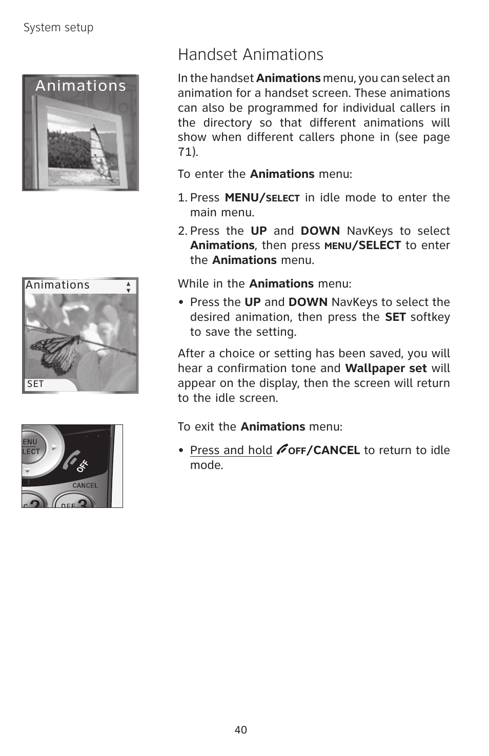 Handset animations, Animations | AT&T EP5632 User Manual | Page 44 / 119