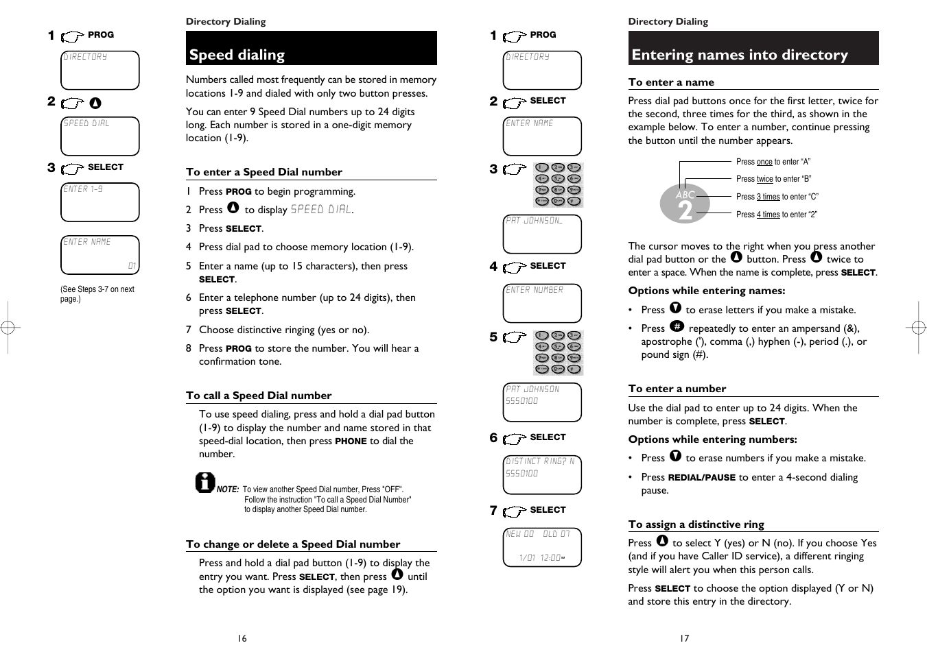 Entering names into directory, Speed dialing | AT&T 1445 User Manual | Page 10 / 17