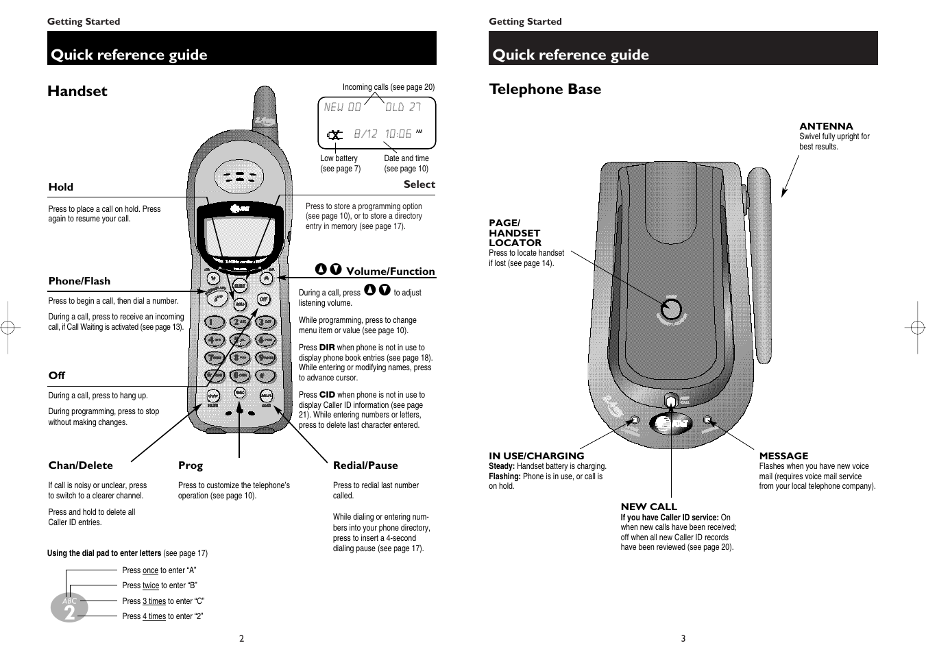 Quick reference guide, Handset telephone base | AT&T 1445 User Manual | Page 3 / 17