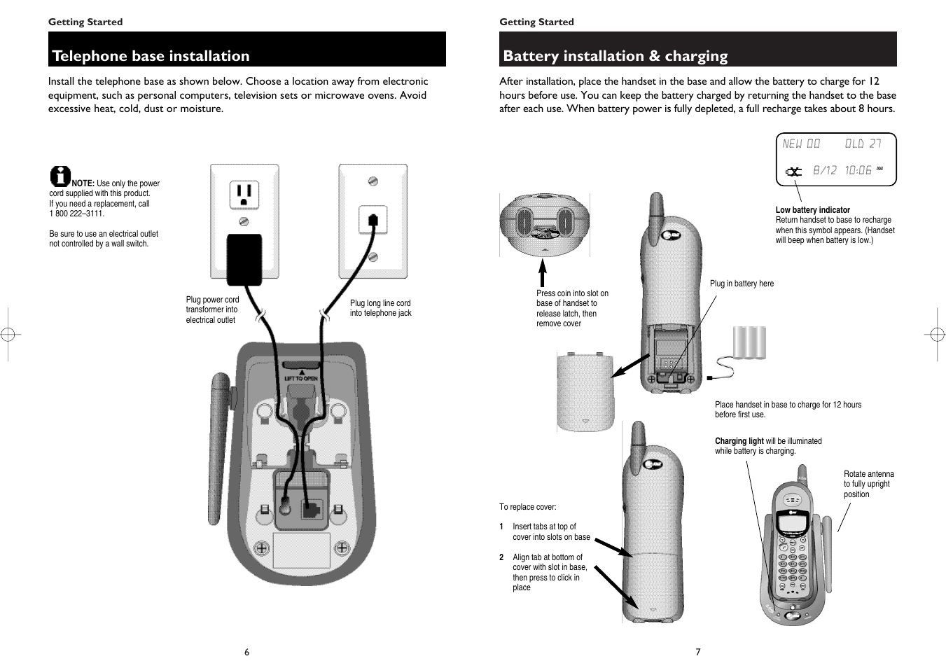 Battery installation & charging, Telephone base installation | AT&T 1445 User Manual | Page 5 / 17