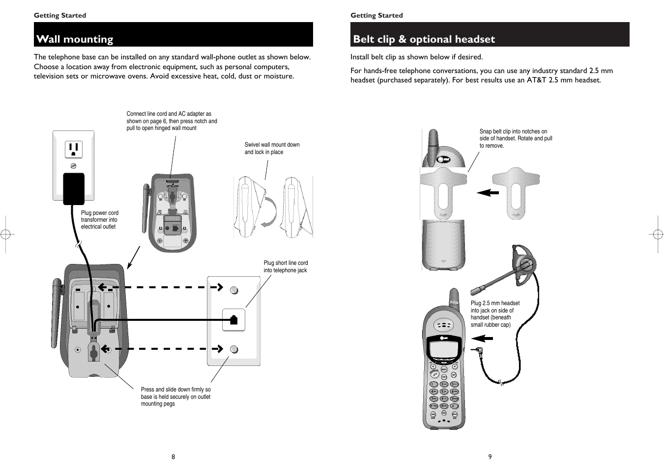 Belt clip & optional headset, Wall mounting | AT&T 1445 User Manual | Page 6 / 17
