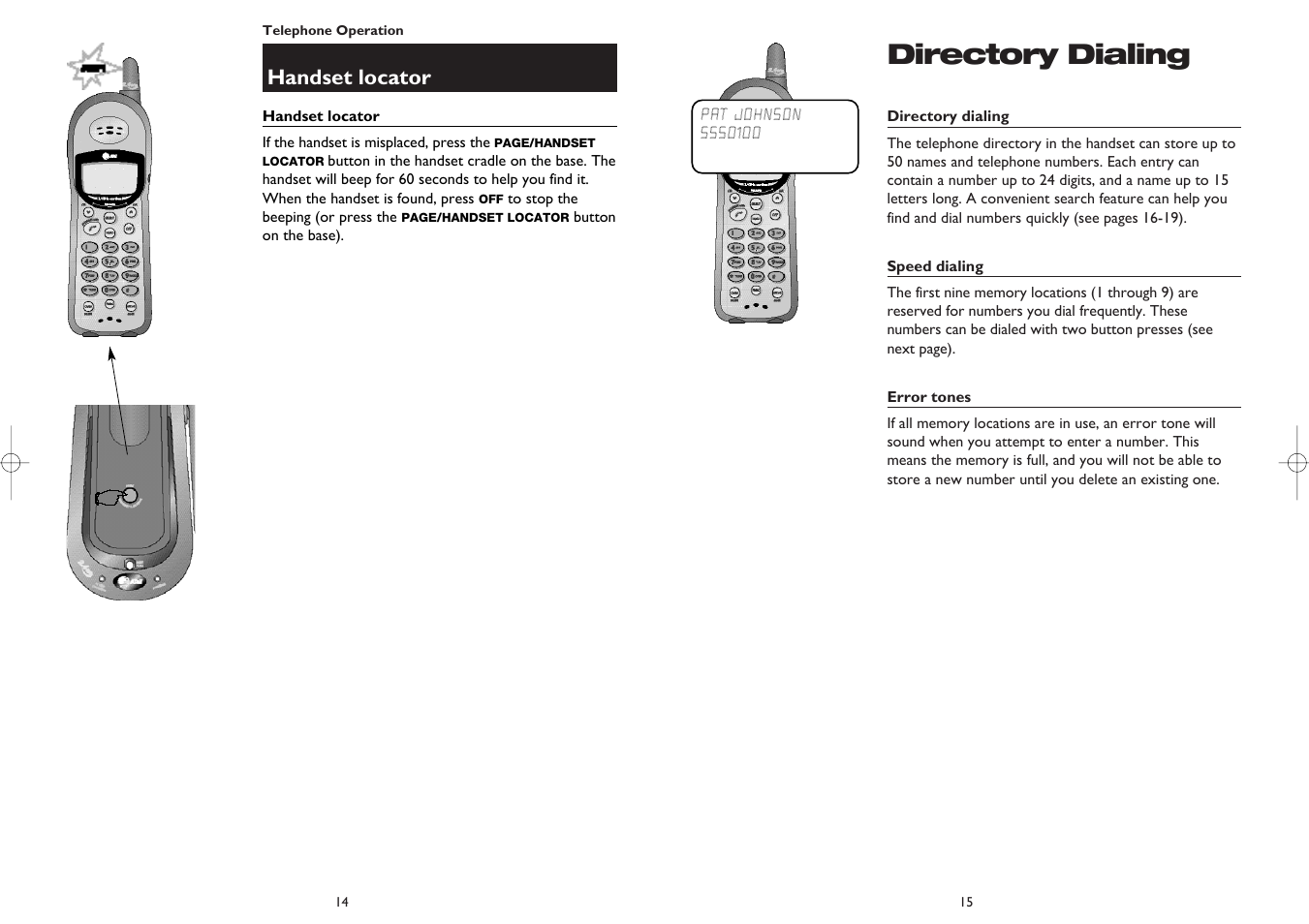 Directory dialing, Handset locator | AT&T 1445 User Manual | Page 9 / 17