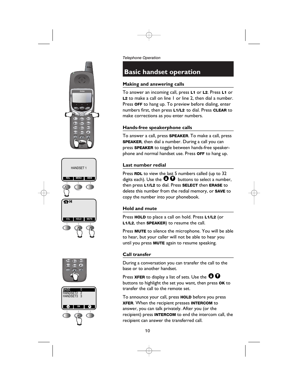 Telephone operation, Basic handset operation, Making and answering calls | Hands-free speakerphone calls, Last number redial, Hold and mute, Call transfer | AT&T E2562 User Manual | Page 12 / 61