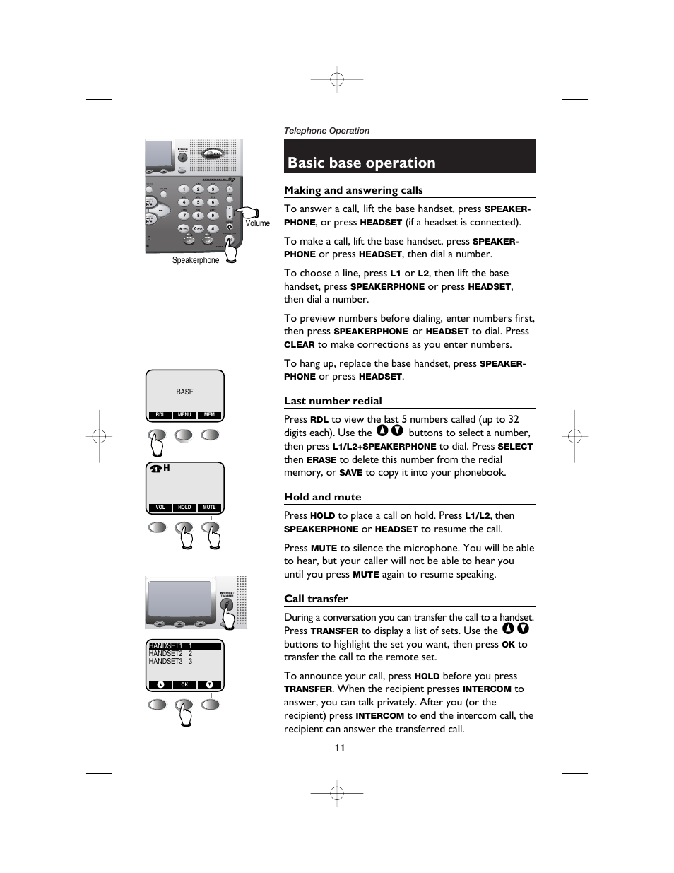 Basic base operation, Making and answering calls, Last number redial | Hold and mute, Call transfer | AT&T E2562 User Manual | Page 13 / 61