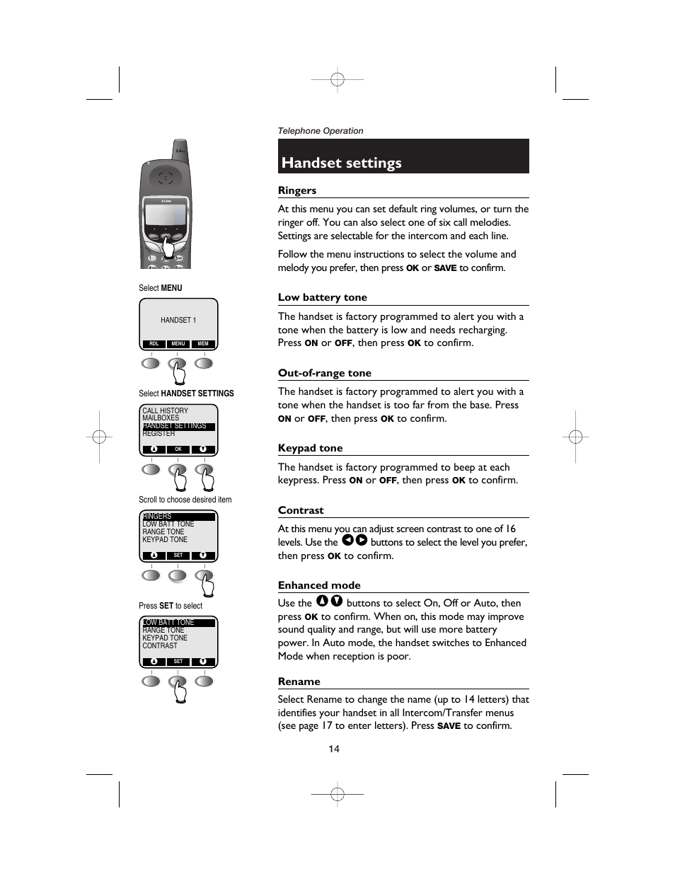 Handset settings, Ringers, Low battery tone | Out-of-range tone, Keypad tone, Contrast, Enhanced mode, Rename | AT&T E2562 User Manual | Page 16 / 61