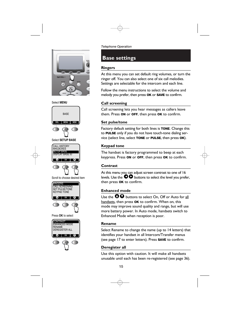 Base settings, Ringers, Call screening | Set pulse/tone, Keypad tone, Contrast, Enhanced mode, Rename, Deregister all | AT&T E2562 User Manual | Page 17 / 61