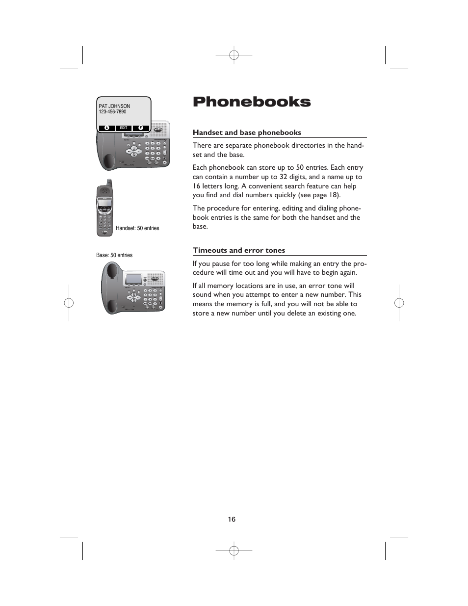 Phonebooks, Handset and base phonebooks, Timeouts and error tones | AT&T E2562 User Manual | Page 18 / 61