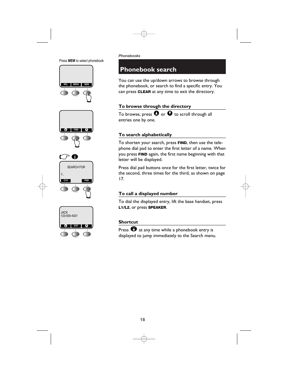 Phonebook search, To browse through the directory, To search alphabetically | To call a displayed number, Shortcut | AT&T E2562 User Manual | Page 20 / 61