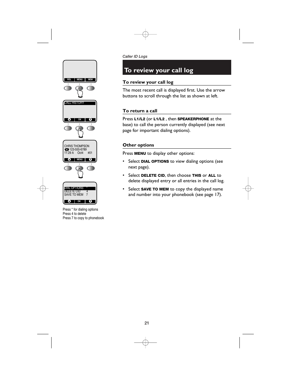 To review your call log, To return a call, Other options | AT&T E2562 User Manual | Page 23 / 61