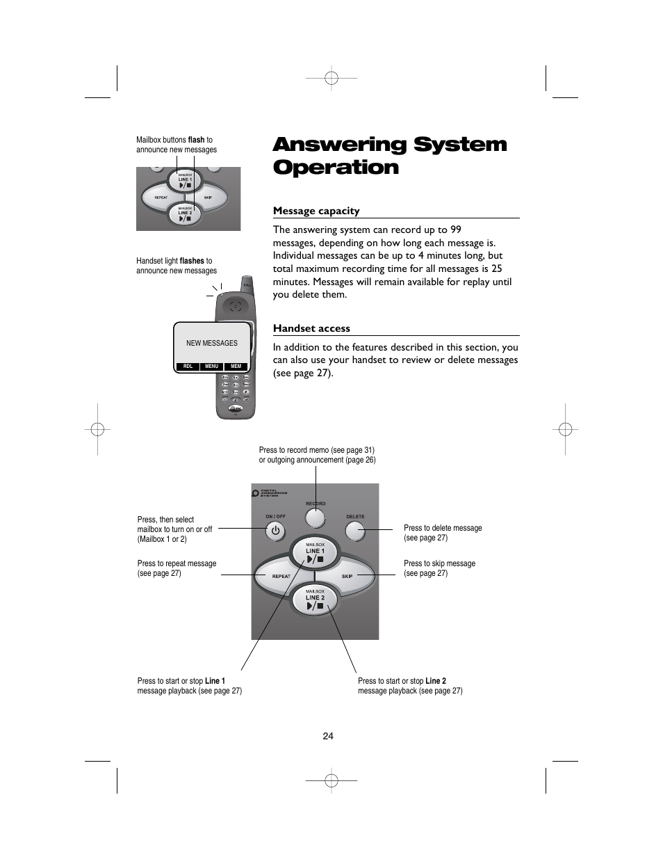 Answering system, Message capacity, Handset access | Answering system operation | AT&T E2562 User Manual | Page 26 / 61