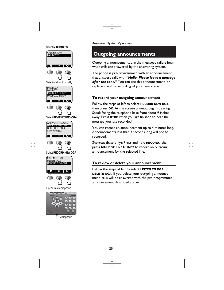 Outgoing announcements, To record your outgoing announcement, To review or delete your announcement | AT&T E2562 User Manual | Page 28 / 61