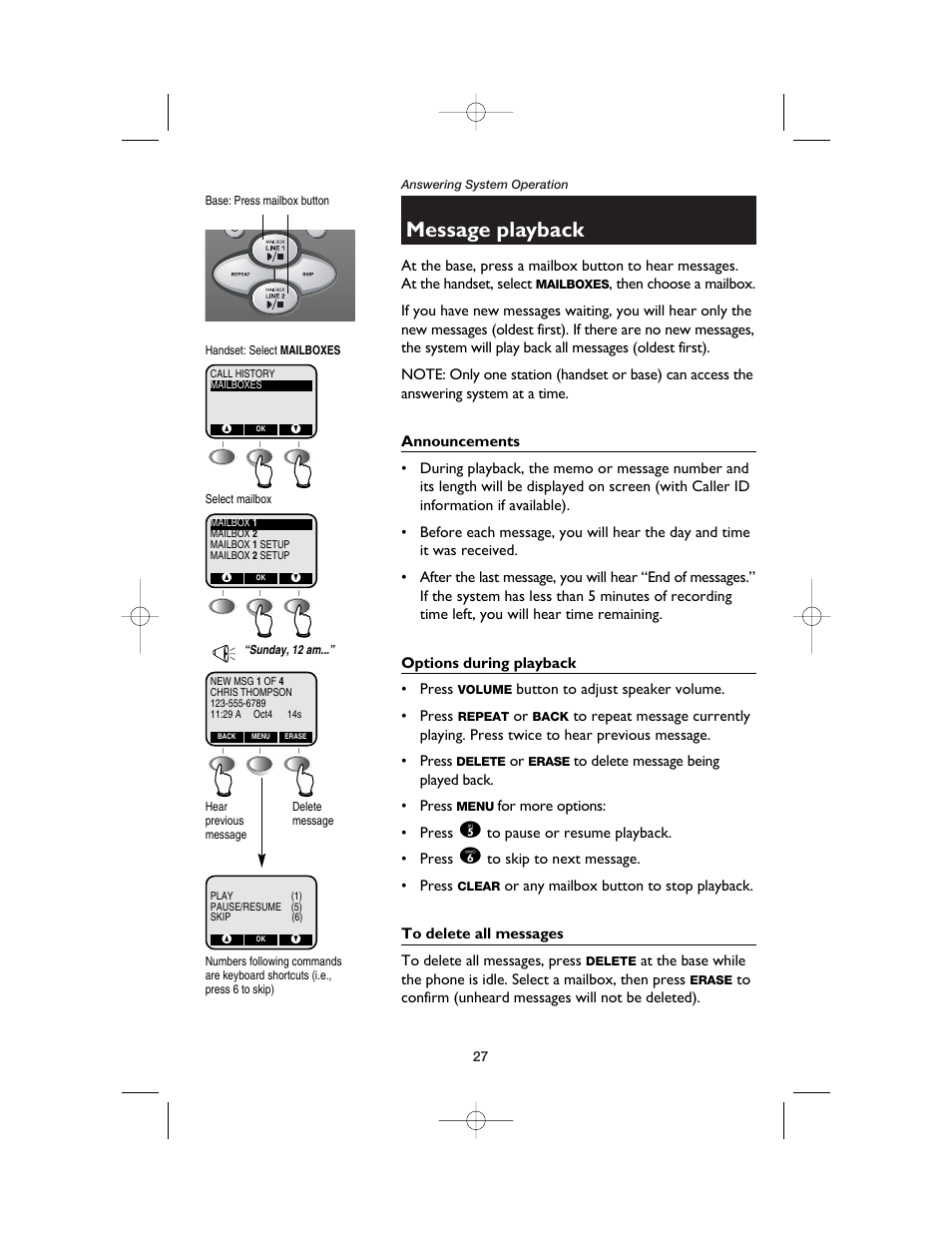 Message playback, Announcements, Options during playback | To delete all messages | AT&T E2562 User Manual | Page 29 / 61