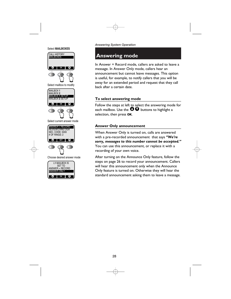 Answering mode, To select answering mode, Answer only announcement | AT&T E2562 User Manual | Page 30 / 61