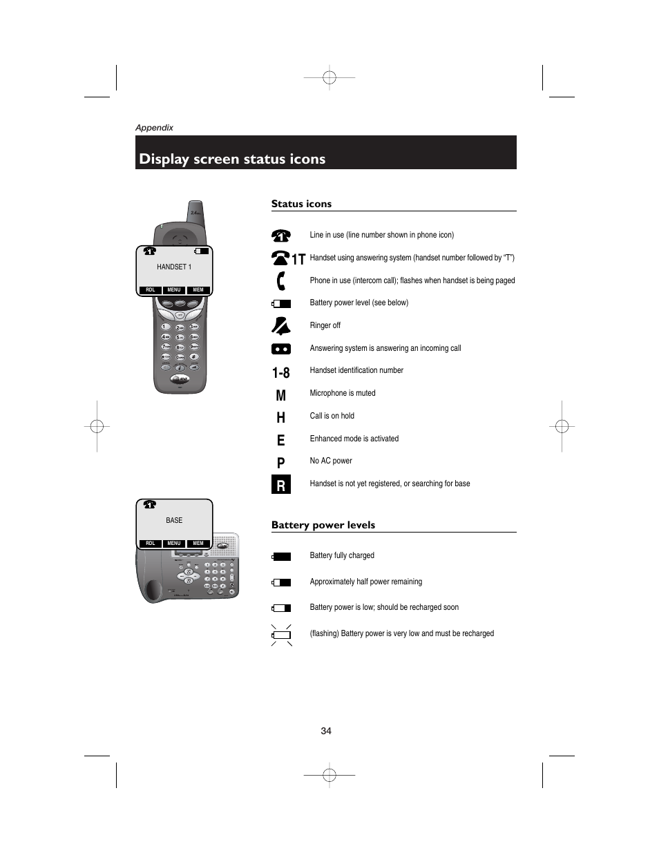 Appendix, Display screen status icons, Status icons | Battery power levels | AT&T E2562 User Manual | Page 36 / 61