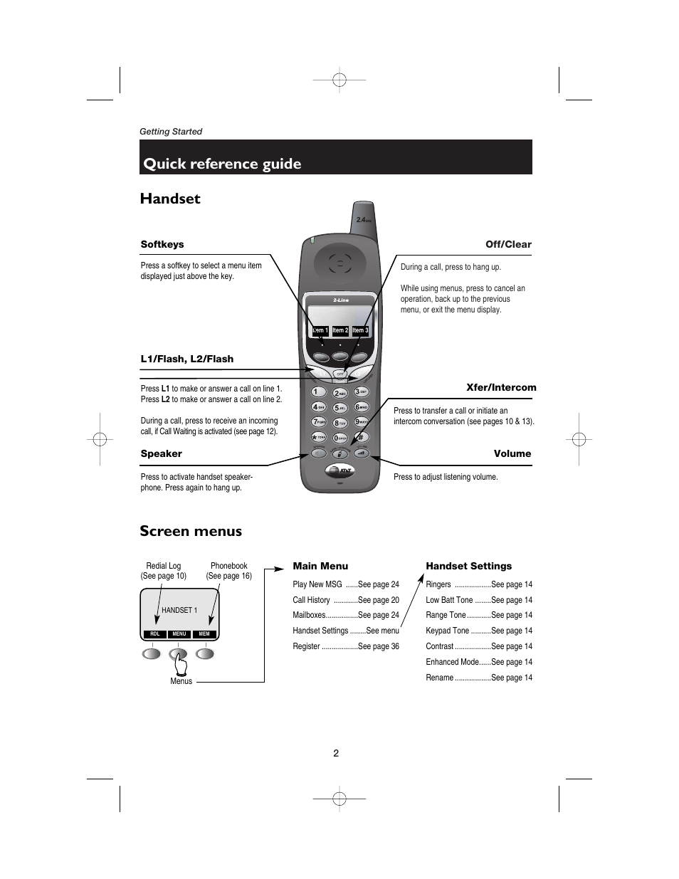 Getting started, Quick reference guide, Handset | Softkeys, L1/flash, l2/flash, Speaker, Off/clear, Xfer/intercom, Volume, Screen menus | AT&T E2562 User Manual | Page 4 / 61