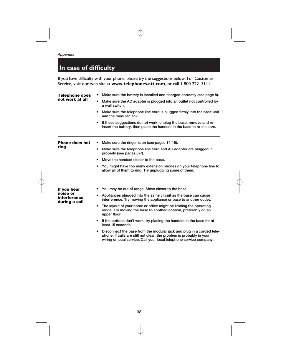 In case of difficulty, Telephone does not work at all, Phone does not ring | If you hear noise or interference during a call | AT&T E2562 User Manual | Page 40 / 61